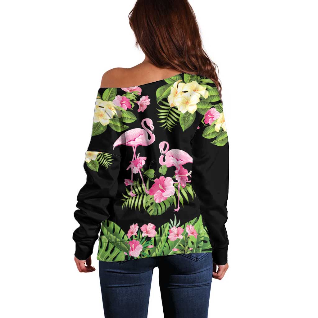 The Bahamas Flamingo Off Shoulder Sweater Bahamian Tropical Flowers - Wonder Print Shop