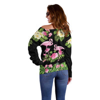 The Bahamas Flamingo Off Shoulder Sweater Bahamian Tropical Flowers - Wonder Print Shop