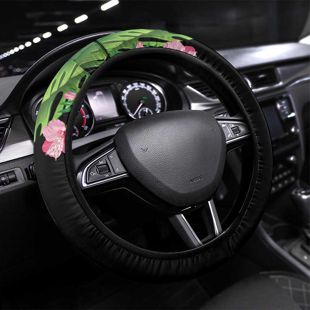 The Bahamas Flamingo Steering Wheel Cover Bahamian Tropical Flowers - Wonder Print Shop