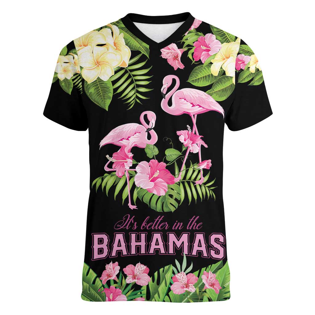 The Bahamas Flamingo Women V-Neck T-Shirt Bahamian Tropical Flowers - Wonder Print Shop