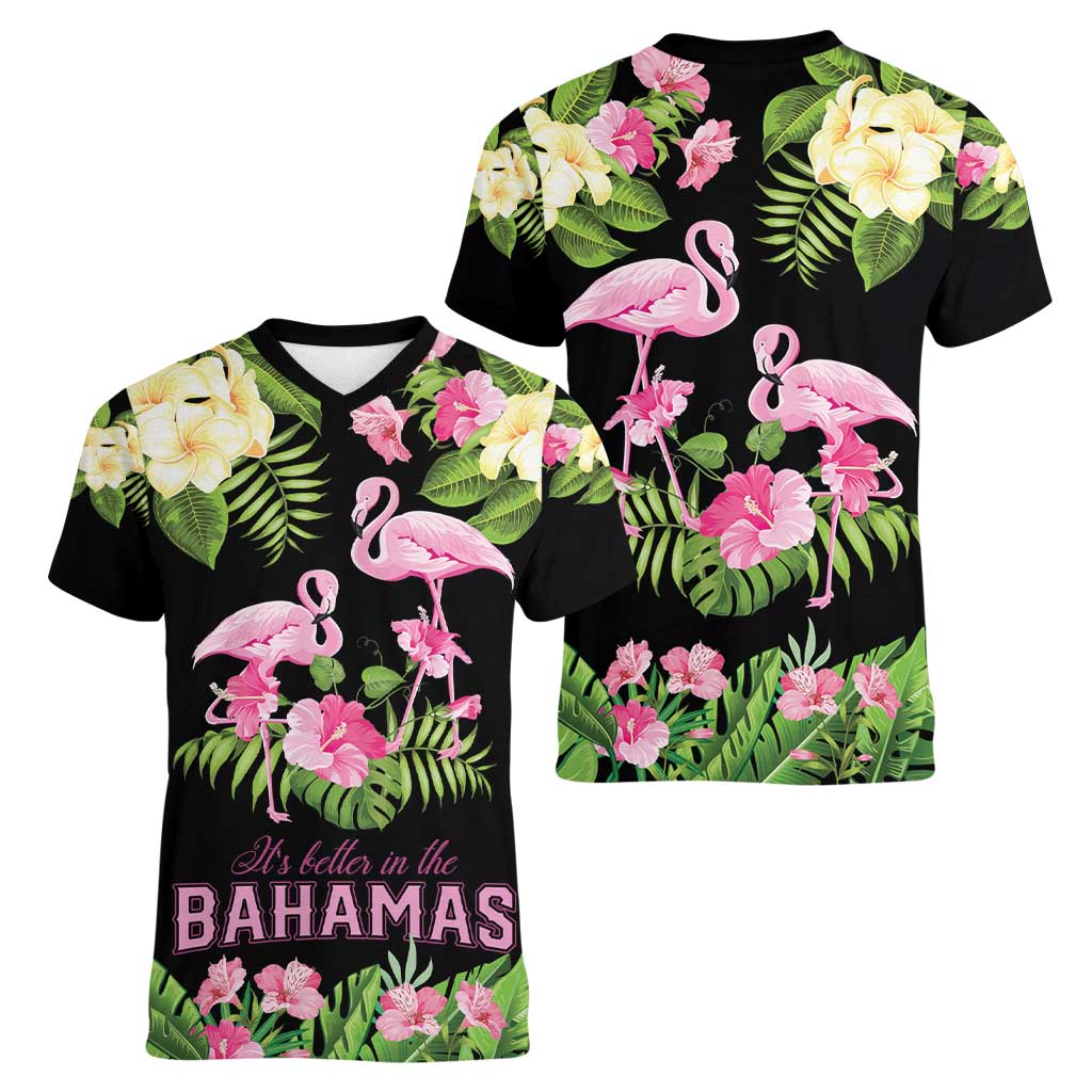 The Bahamas Flamingo Women V-Neck T-Shirt Bahamian Tropical Flowers - Wonder Print Shop