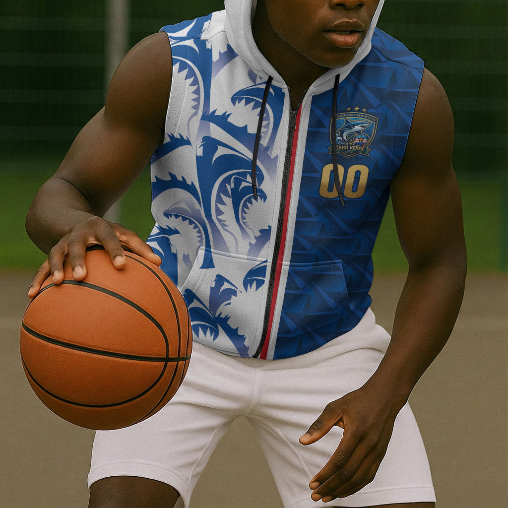 Cabo Verde Kopa di Mundu Custom Sleeveless Zip Hoodie Atlantic Waves Blue Edition