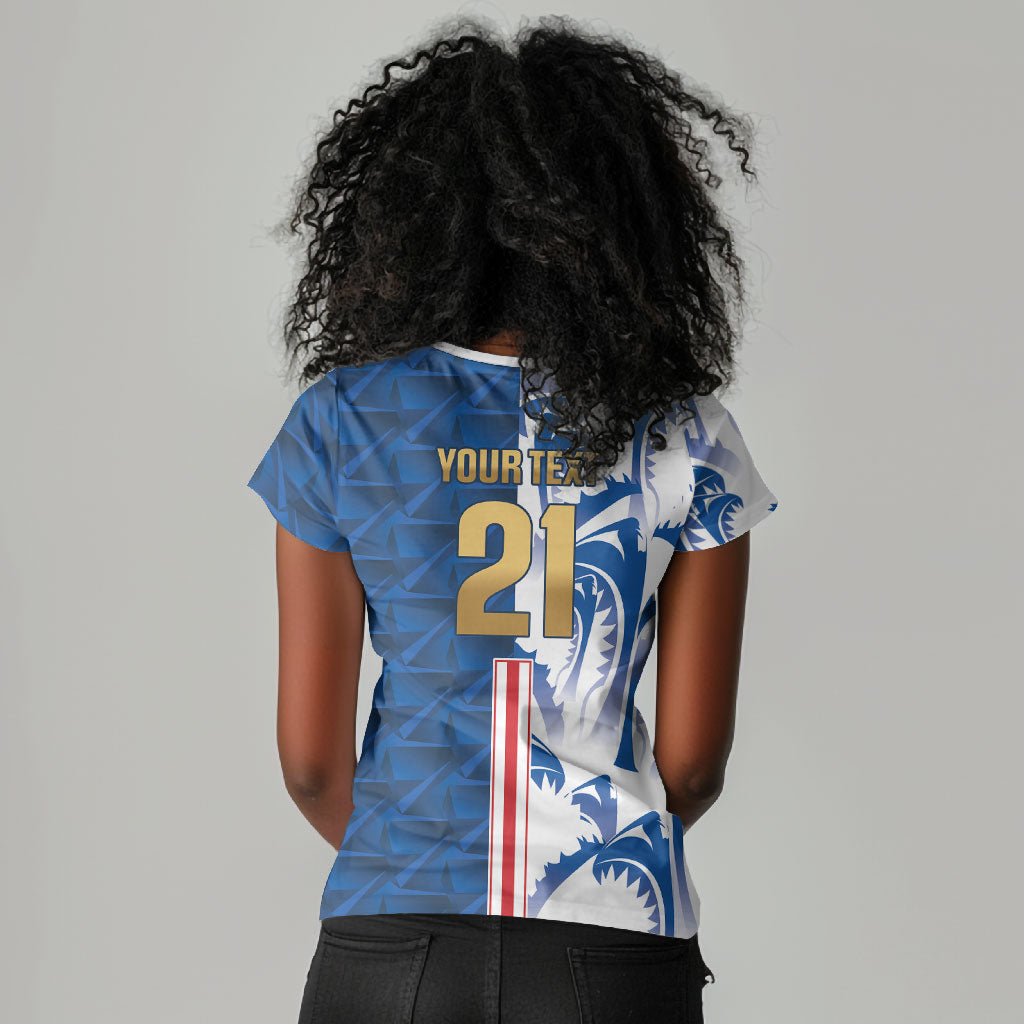 Cabo Verde Kopa di Mundu Custom Women V-Neck T-Shirt Atlantic Waves Blue Edition