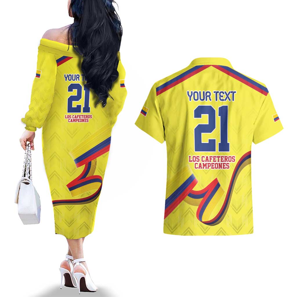 Colombia Champion Football Custom Couples Matching Off The Shoulder Long Sleeve Dress and Hawaiian Shirt Proud To Be Los Cafeteros LT9 - Wonder Print Shop