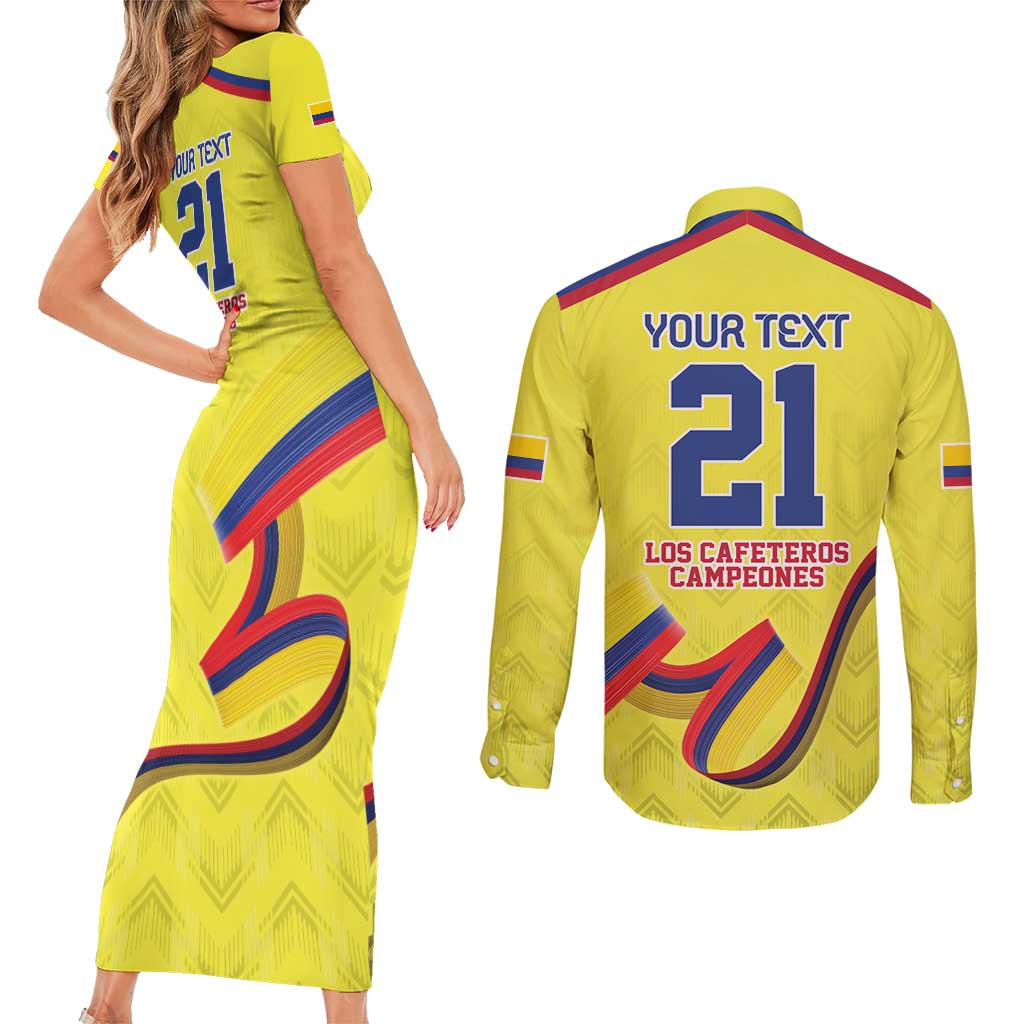 Colombia Champion Football Custom Couples Matching Short Sleeve Bodycon Dress and Long Sleeve Button Shirt Proud To Be Los Cafeteros LT9 - Wonder Print Shop
