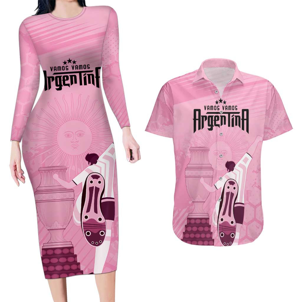 Argentina Football Couples Matching Long Sleeve Bodycon Dress and Hawaiian Shirt Campeones De la Historia - Pink Style LT9 - Wonder Print Shop