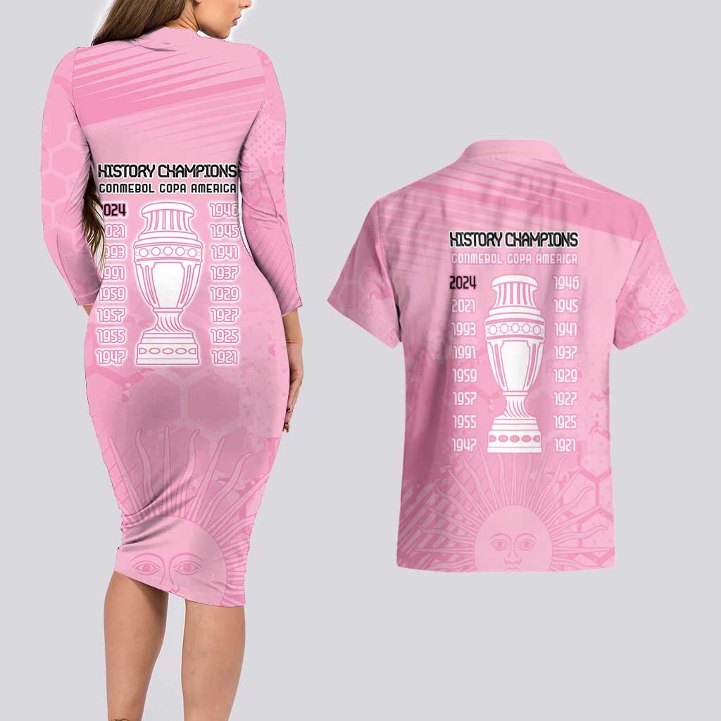 Argentina Football Couples Matching Long Sleeve Bodycon Dress and Hawaiian Shirt Campeones De la Historia - Pink Style LT9 - Wonder Print Shop