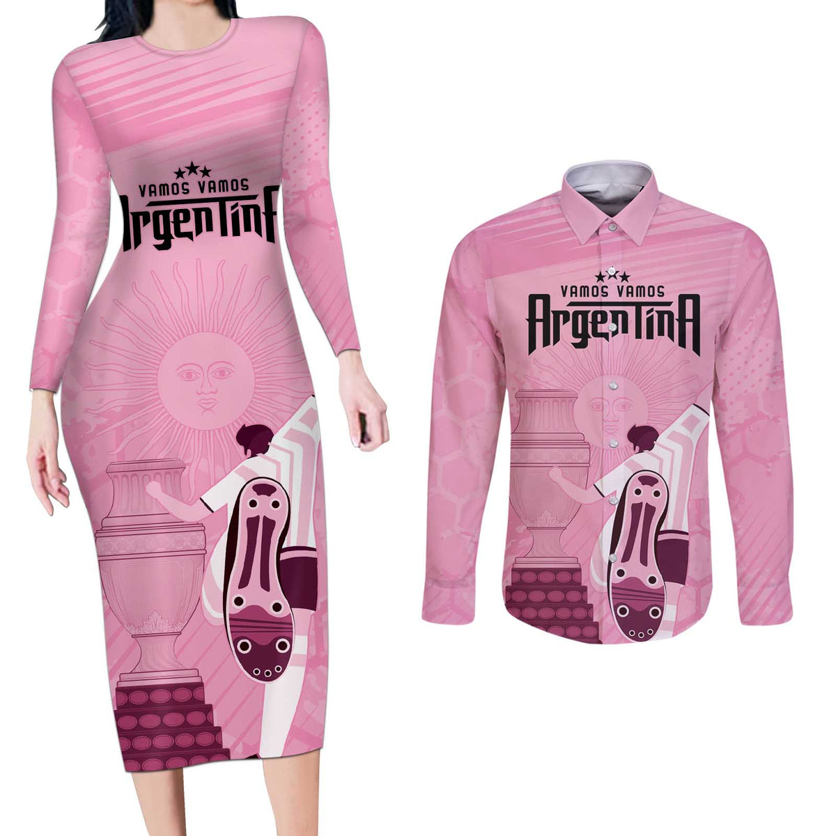 Argentina Football Couples Matching Long Sleeve Bodycon Dress and Long Sleeve Button Shirt Campeones De la Historia - Pink Style LT9 - Wonder Print Shop