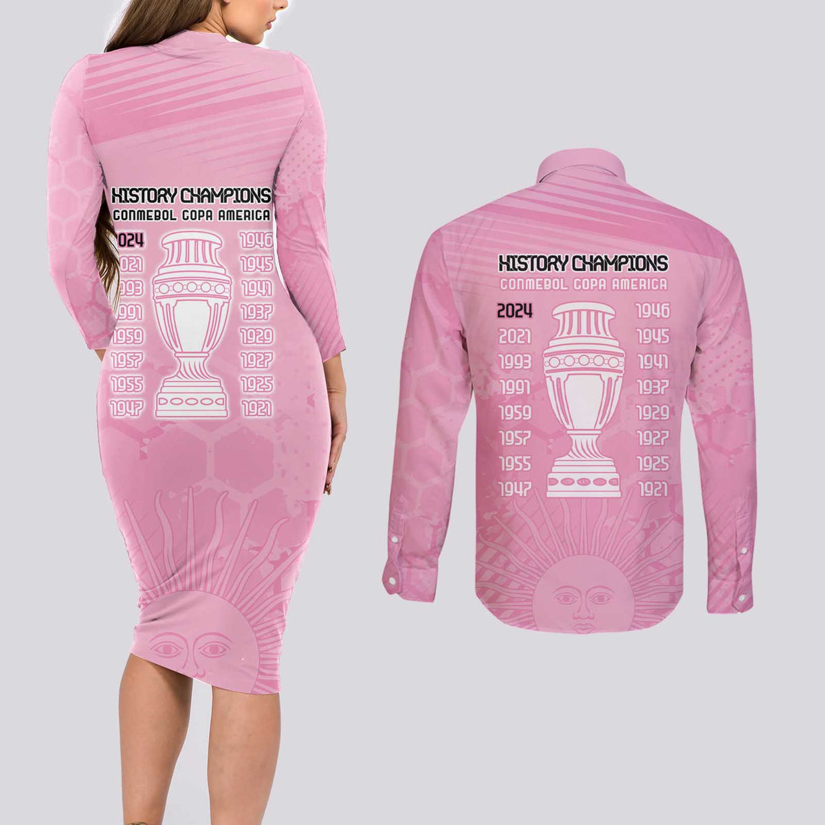 Argentina Football Couples Matching Long Sleeve Bodycon Dress and Long Sleeve Button Shirt Campeones De la Historia - Pink Style LT9 - Wonder Print Shop