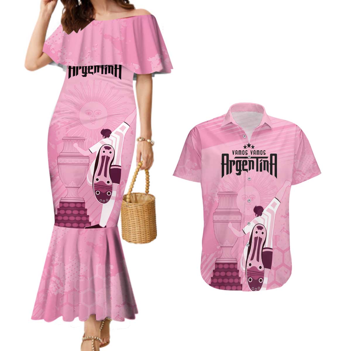 Argentina Football Couples Matching Mermaid Dress and Hawaiian Shirt Campeones De la Historia - Pink Style LT9 - Wonder Print Shop