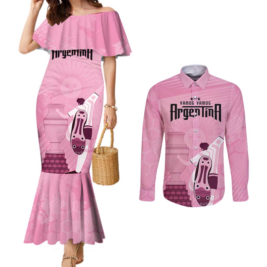 Argentina Football Custom Couples Matching Mermaid Dress and Long Sleeve Button Shirt Campeones De la Historia - Pink Style