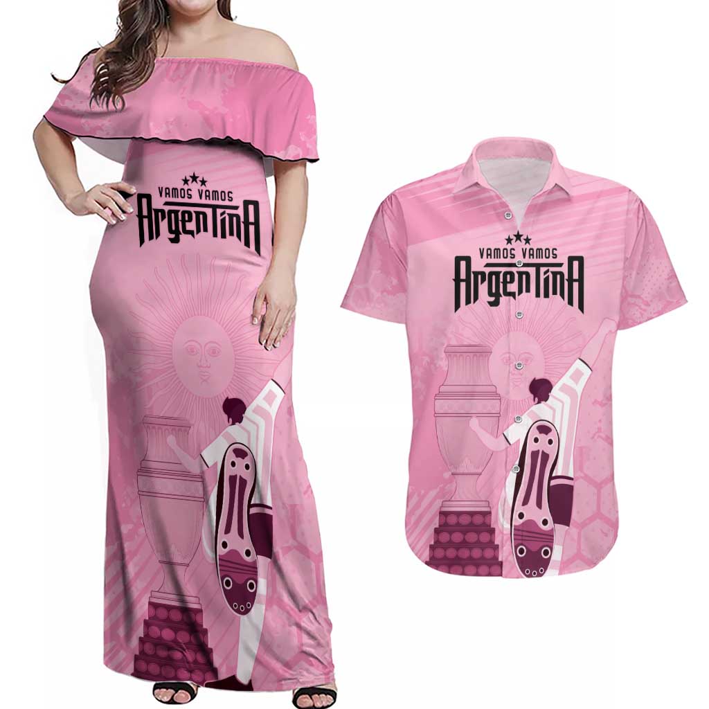 Argentina Football Couples Matching Off Shoulder Maxi Dress and Hawaiian Shirt Campeones De la Historia - Pink Style LT9 - Wonder Print Shop