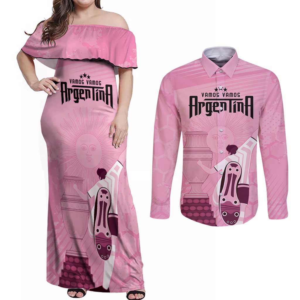 Argentina Football Couples Matching Off Shoulder Maxi Dress and Long Sleeve Button Shirt Campeones De la Historia - Pink Style LT9 - Wonder Print Shop