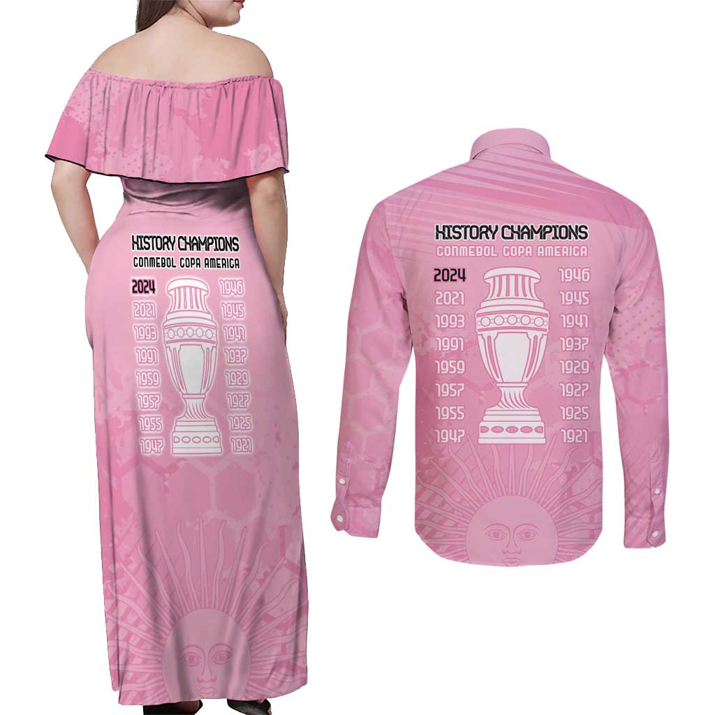 Argentina Football Couples Matching Off Shoulder Maxi Dress and Long Sleeve Button Shirt Campeones De la Historia - Pink Style LT9 - Wonder Print Shop