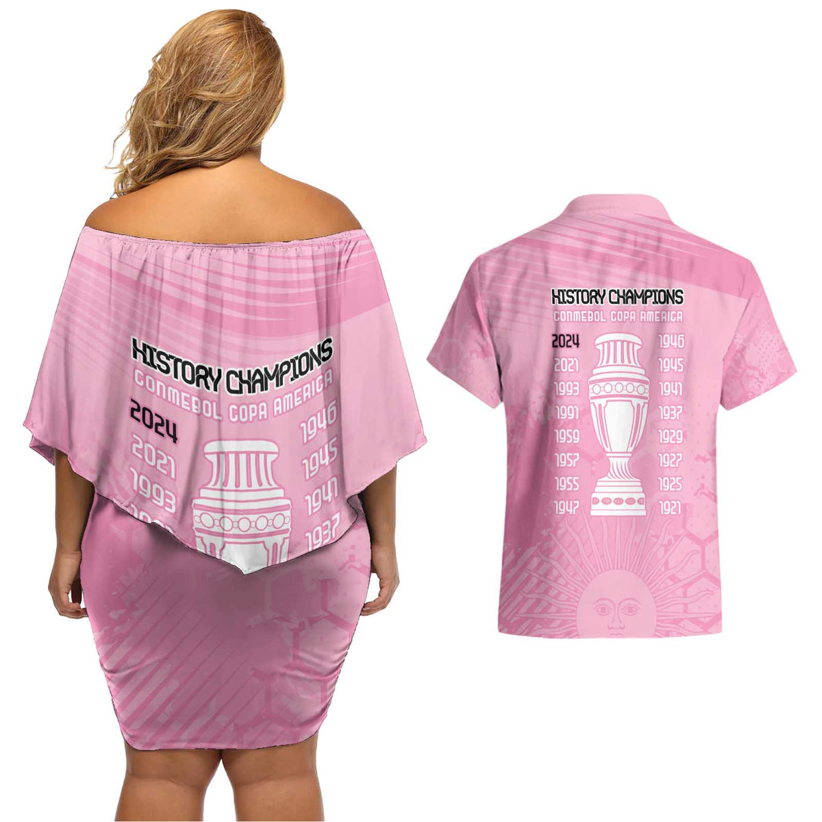 Argentina Football Couples Matching Off Shoulder Short Dress and Hawaiian Shirt Campeones De la Historia - Pink Style LT9 - Wonder Print Shop