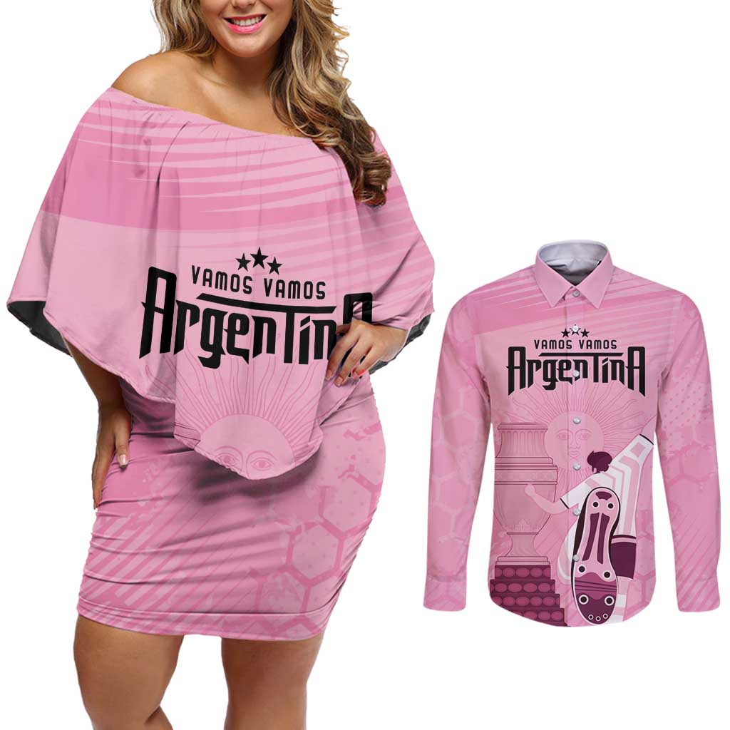 Argentina Football Couples Matching Off Shoulder Short Dress and Long Sleeve Button Shirt Campeones De la Historia - Pink Style LT9 - Wonder Print Shop