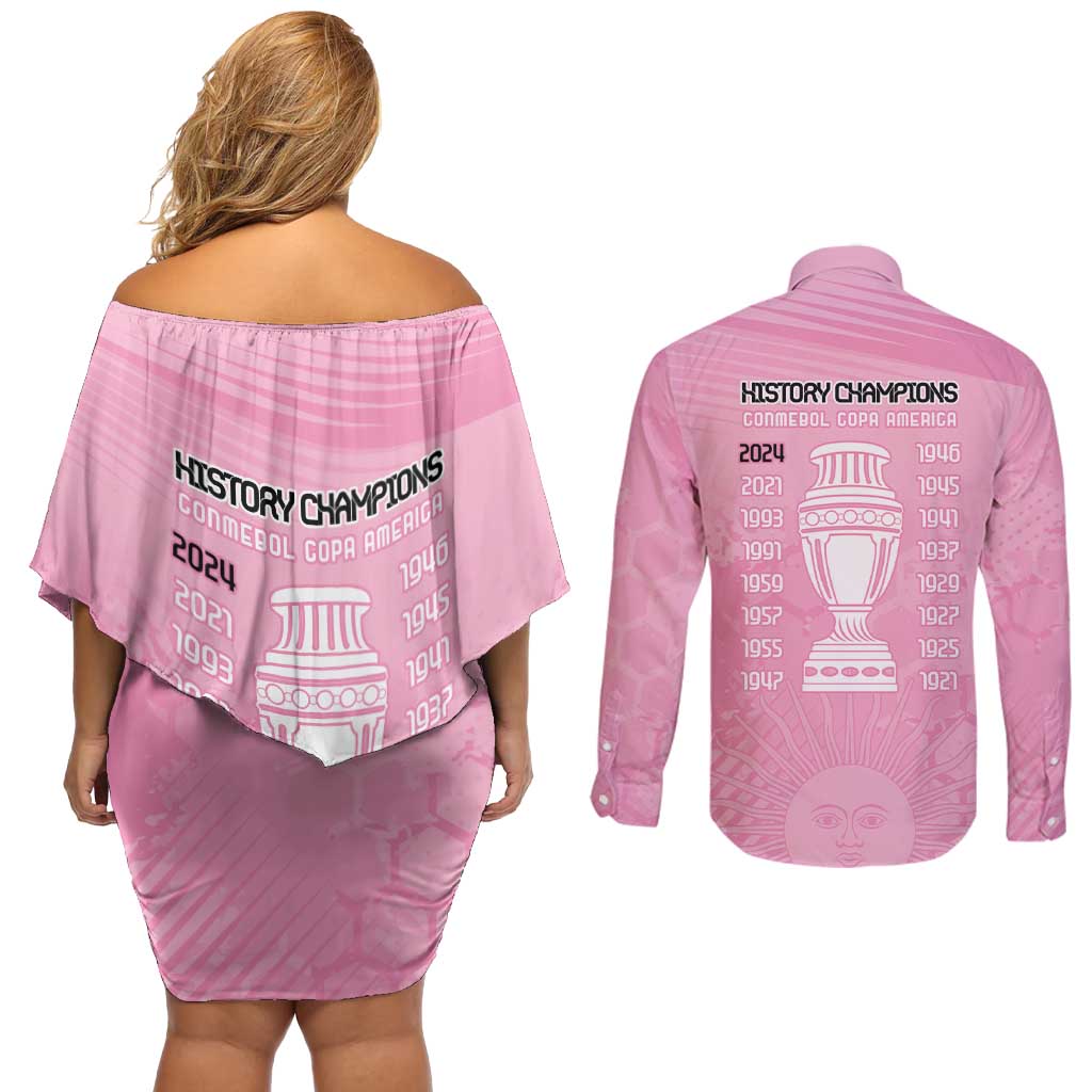 Argentina Football Couples Matching Off Shoulder Short Dress and Long Sleeve Button Shirt Campeones De la Historia - Pink Style LT9 - Wonder Print Shop