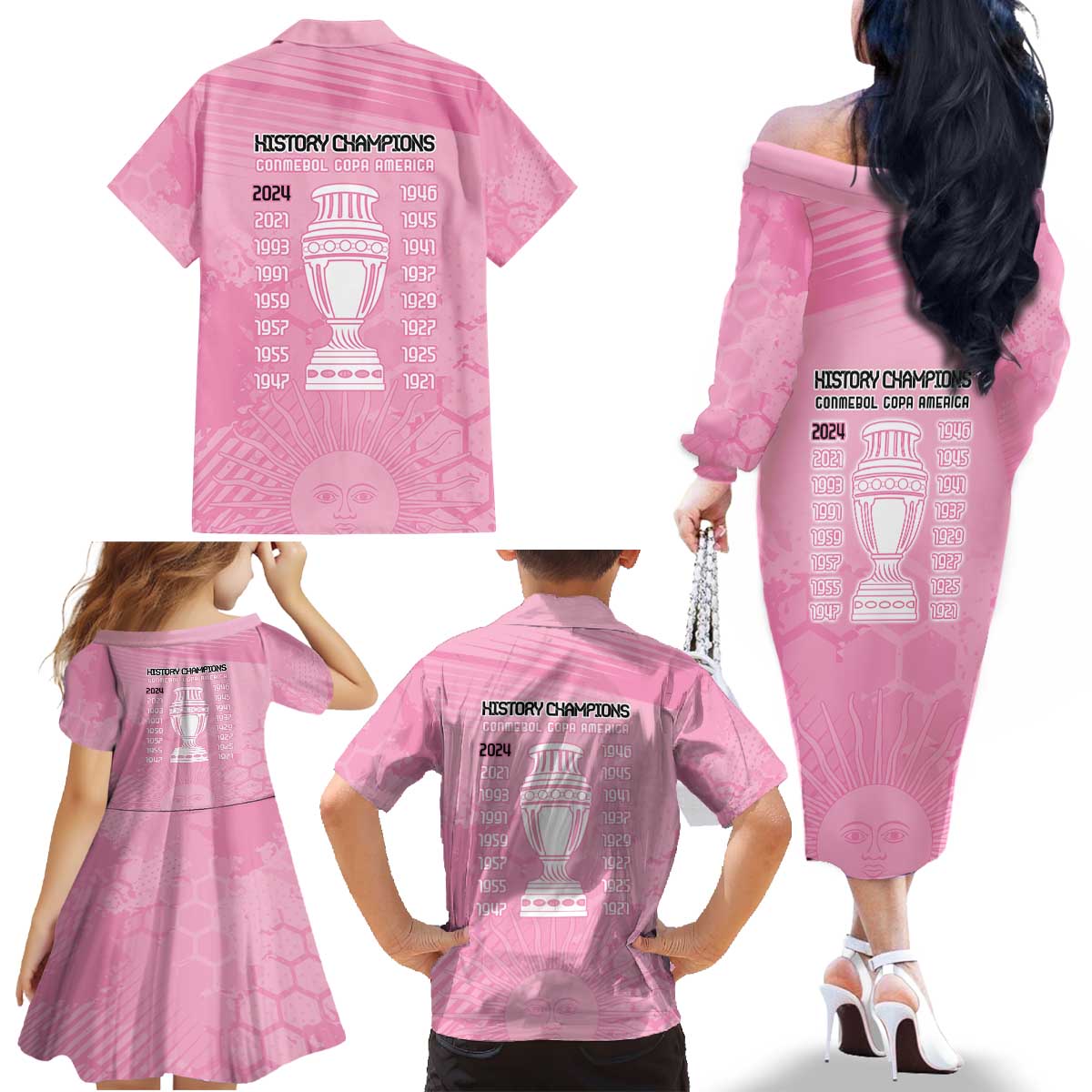 Argentina Football Family Matching Off The Shoulder Long Sleeve Dress and Hawaiian Shirt Campeones De la Historia - Pink Style - Wonder Print Shop
