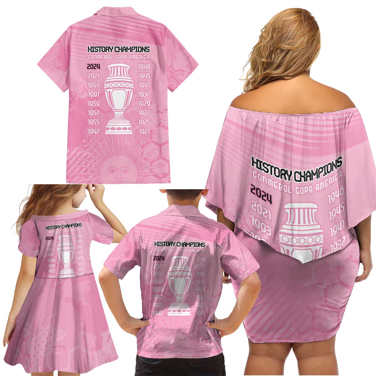 Argentina Football Family Matching Off Shoulder Short Dress and Hawaiian Shirt Campeones De la Historia - Pink Style LT9 - Wonder Print Shop