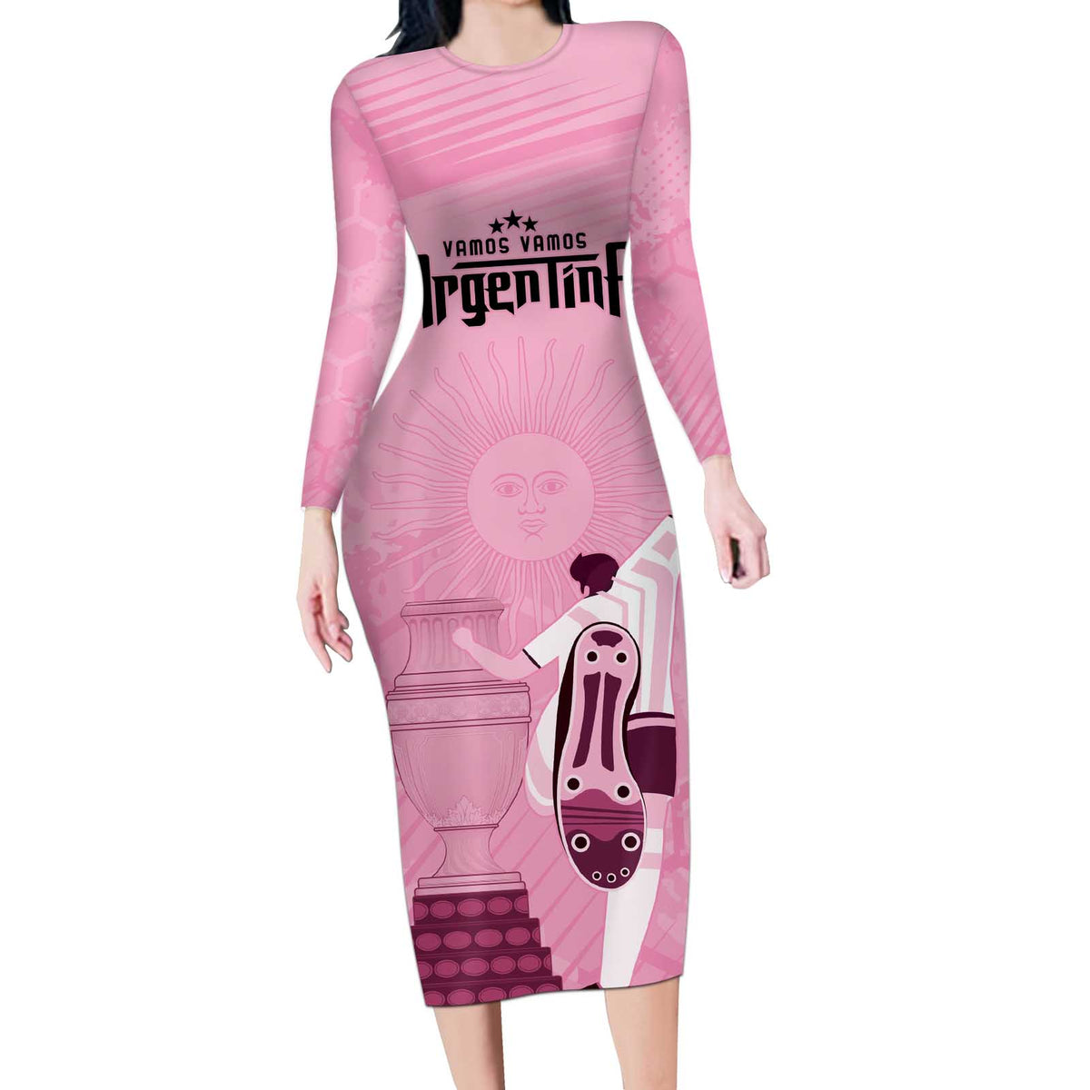 Argentina Football Long Sleeve Bodycon Dress Campeones De la Historia - Pink Style - Wonder Print Shop
