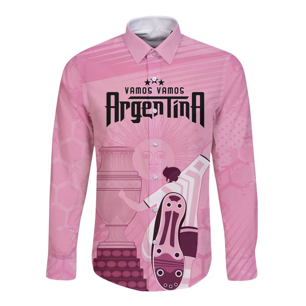 Argentina Football Long Sleeve Button Shirt Campeones De la Historia - Pink Style - Wonder Print Shop