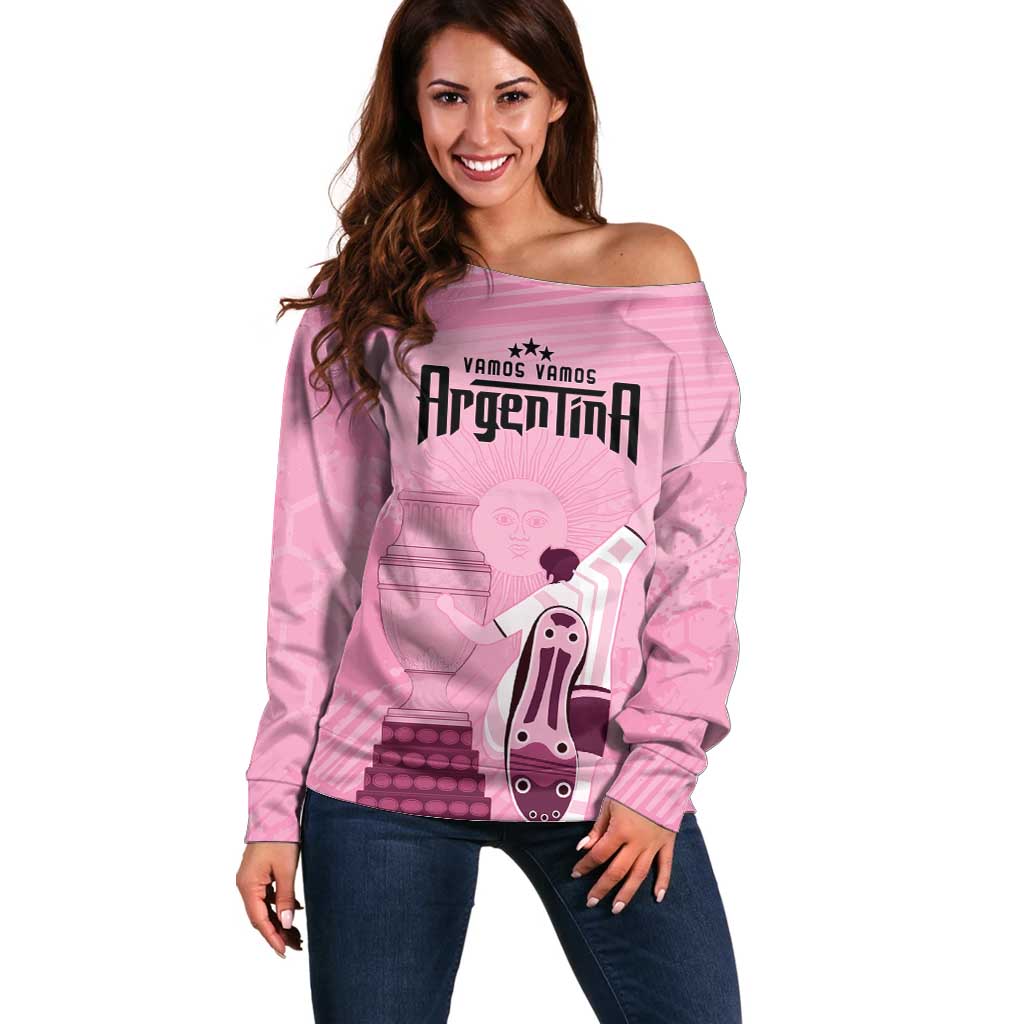 Argentina Football Off Shoulder Sweater Campeones De la Historia - Pink Style - Wonder Print Shop