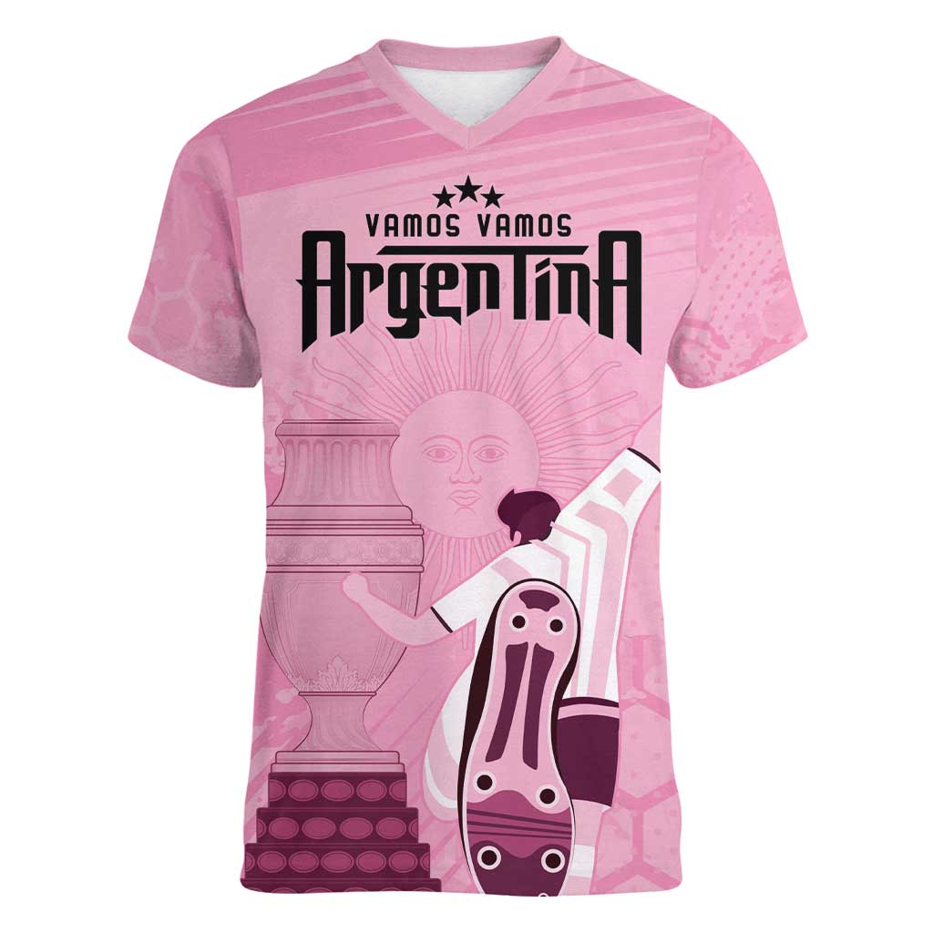 Argentina Football Women V-Neck T-Shirt Campeones De la Historia - Pink Style - Wonder Print Shop