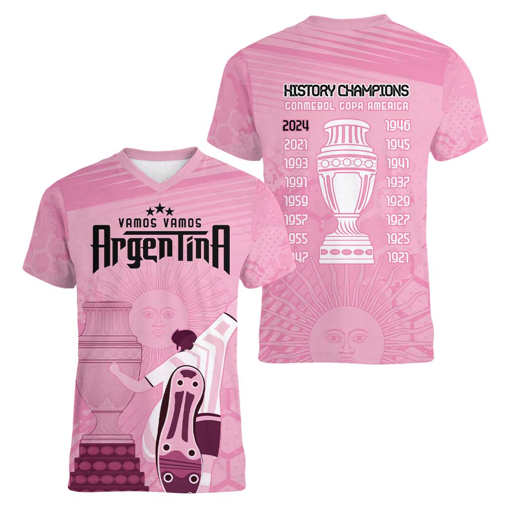 Argentina Football Women V-Neck T-Shirt Campeones De la Historia - Pink Style - Wonder Print Shop