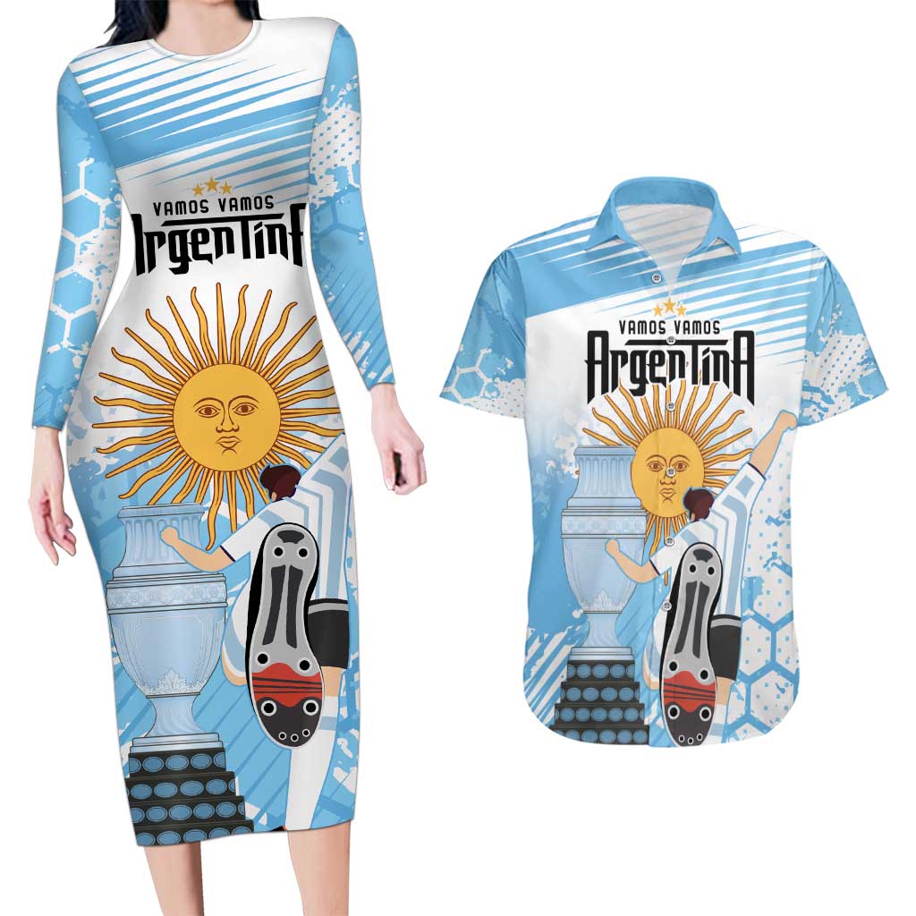 Argentina Football Couples Matching Long Sleeve Bodycon Dress and Hawaiian Shirt Campeones De la Historia - Blue Style LT9 - Wonder Print Shop