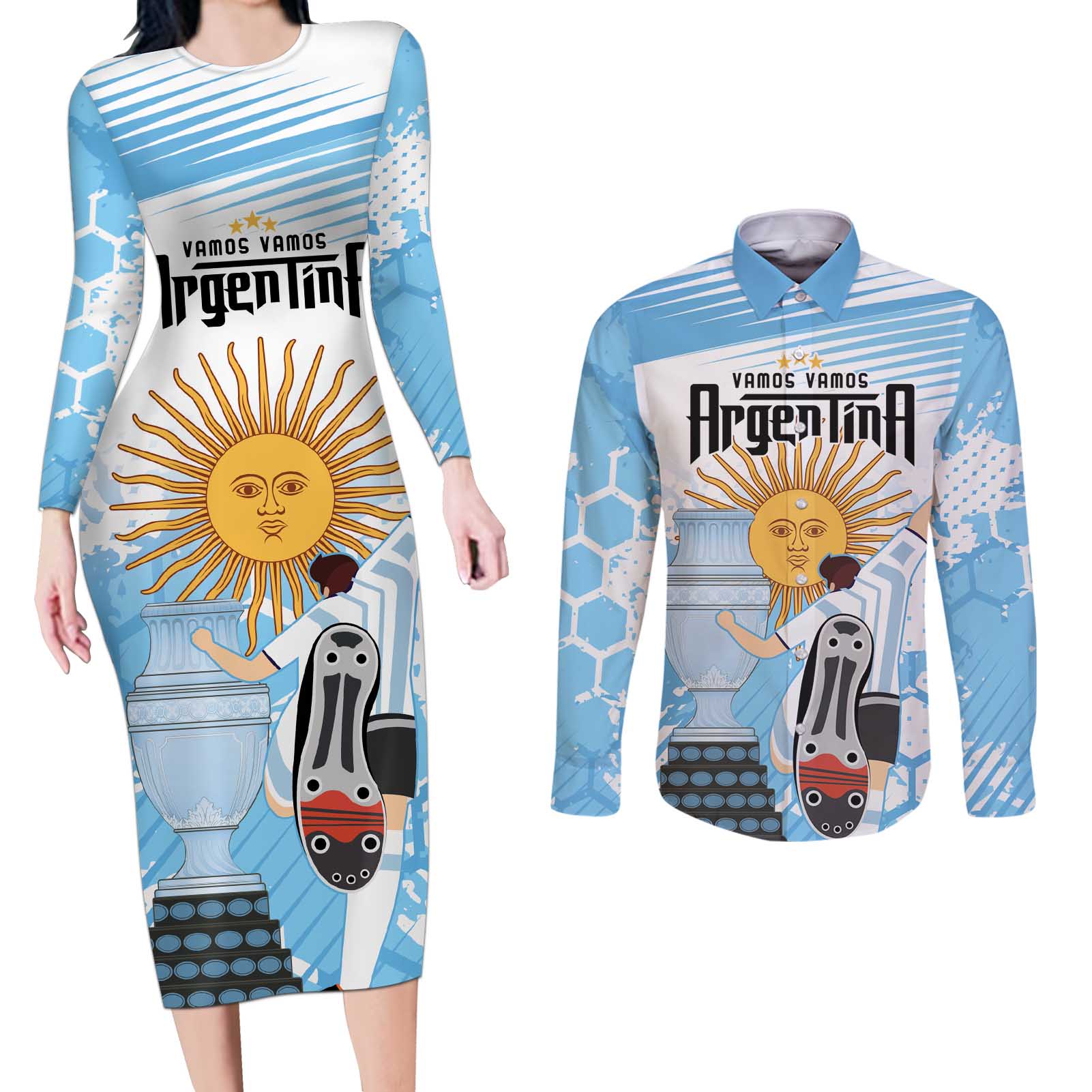 Argentina Football Couples Matching Long Sleeve Bodycon Dress and Long Sleeve Button Shirt Campeones De la Historia - Blue Style LT9 - Wonder Print Shop