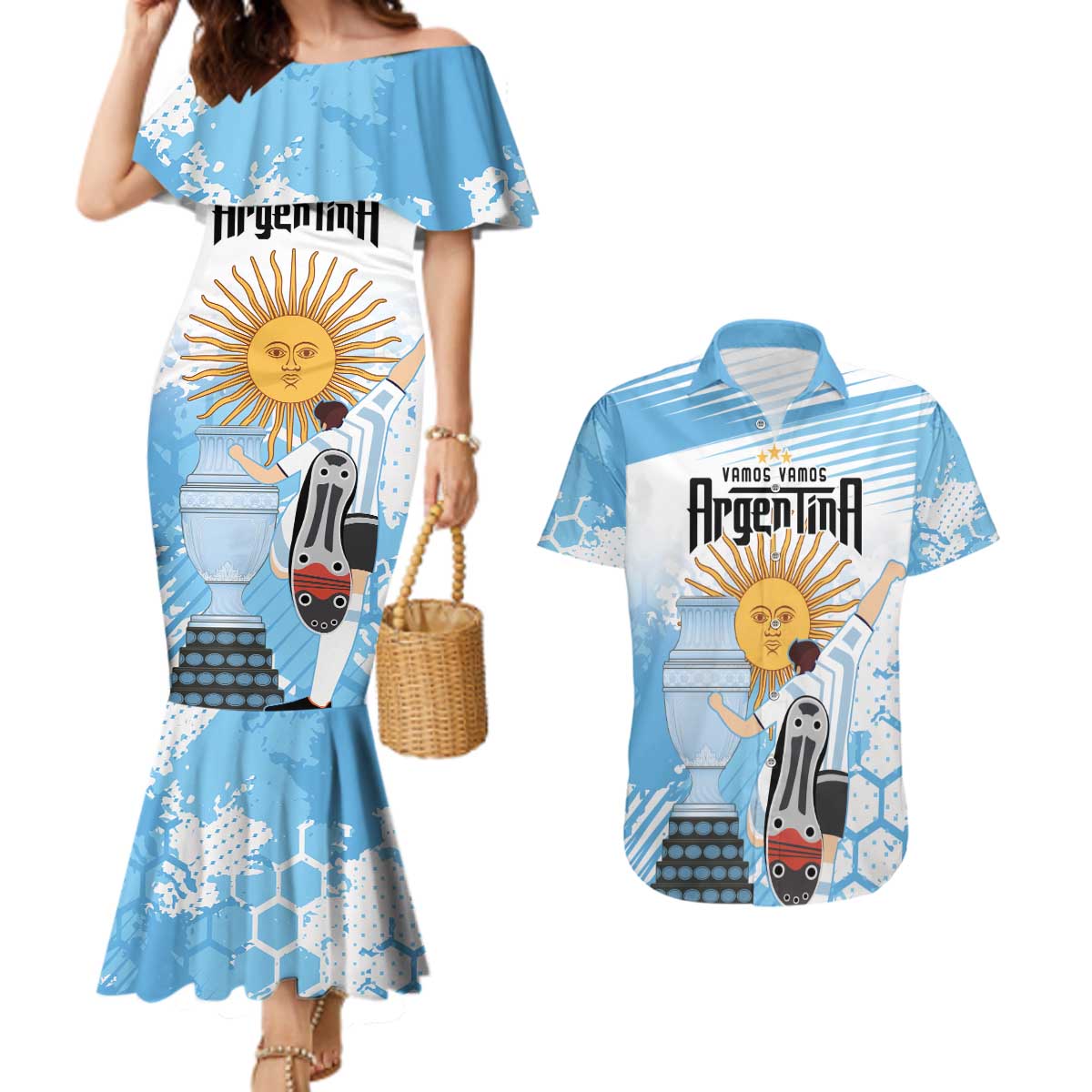 Argentina Football Couples Matching Mermaid Dress and Hawaiian Shirt Campeones De la Historia - Blue Style LT9 - Wonder Print Shop