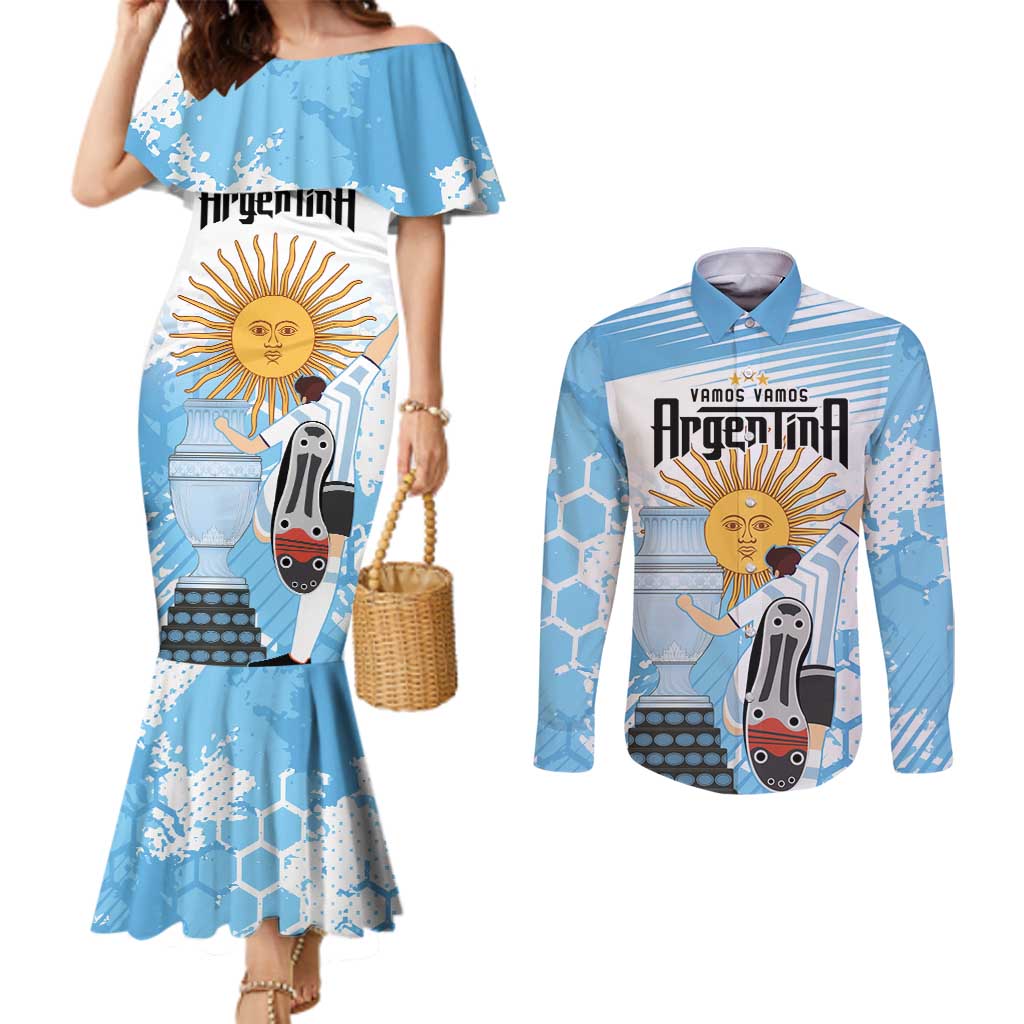 Argentina Football Custom Couples Matching Mermaid Dress and Long Sleeve Button Shirt Campeones De la Historia - Blue Style
