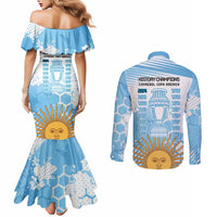 Argentina Football Custom Couples Matching Mermaid Dress and Long Sleeve Button Shirt Campeones De la Historia - Blue Style