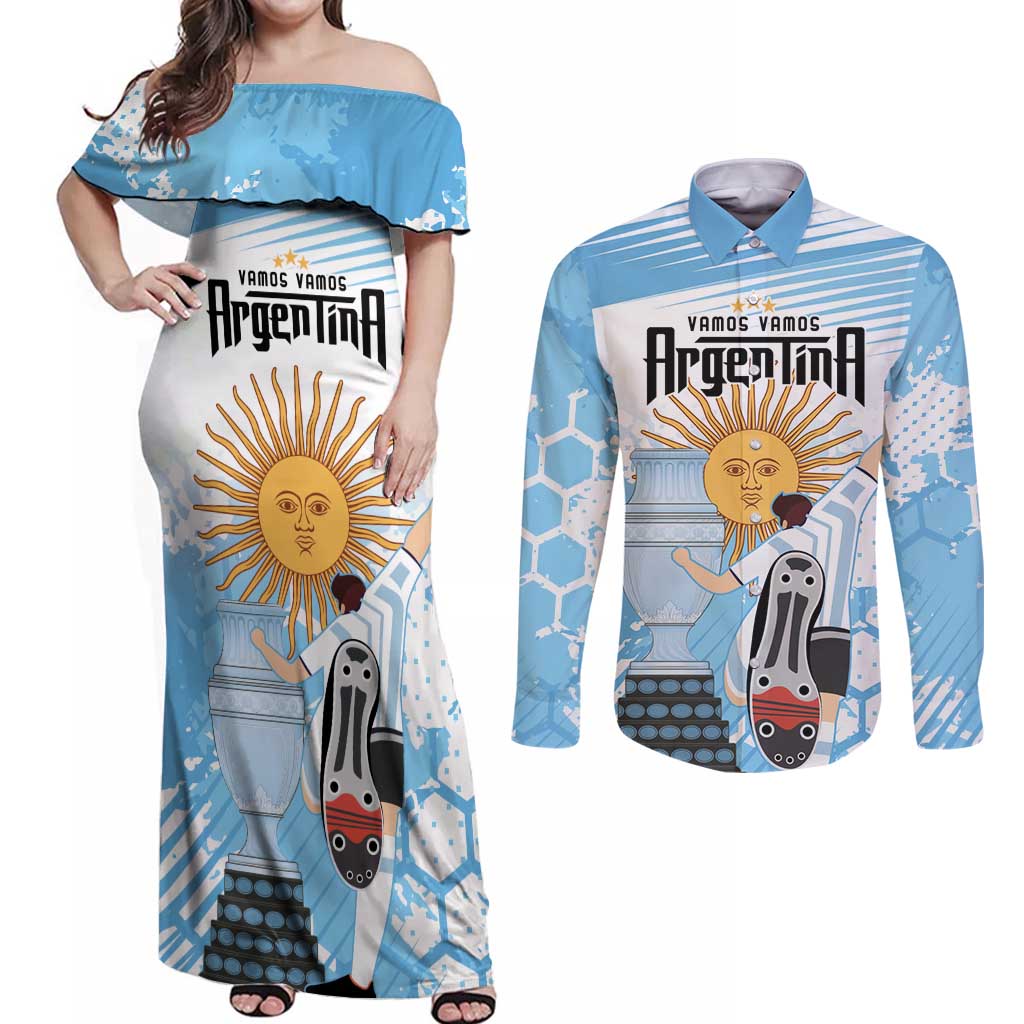 Argentina Football Couples Matching Off Shoulder Maxi Dress and Long Sleeve Button Shirt Campeones De la Historia - Blue Style LT9 - Wonder Print Shop