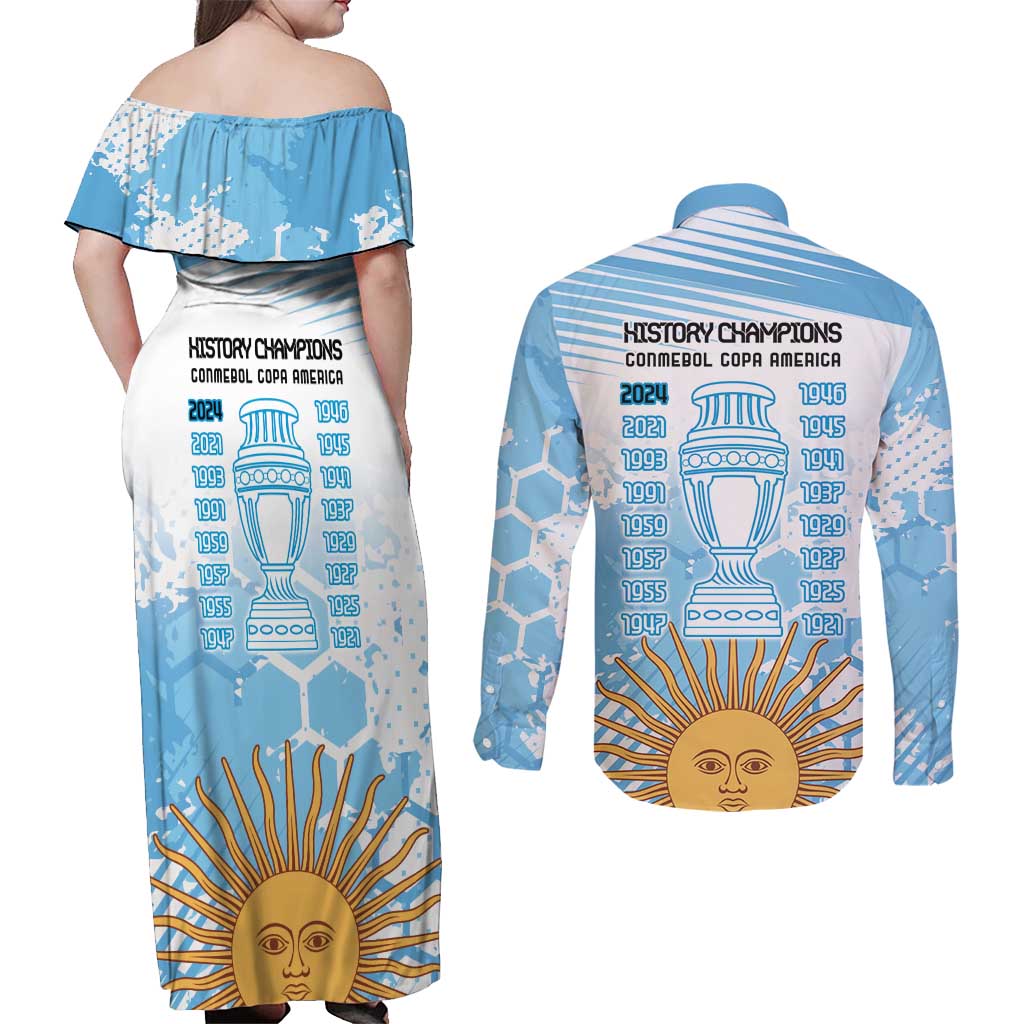 Argentina Football Couples Matching Off Shoulder Maxi Dress and Long Sleeve Button Shirt Campeones De la Historia - Blue Style LT9 - Wonder Print Shop