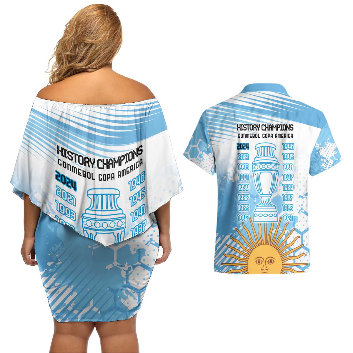 Argentina Football Couples Matching Off Shoulder Short Dress and Hawaiian Shirt Campeones De la Historia - Blue Style LT9 - Wonder Print Shop
