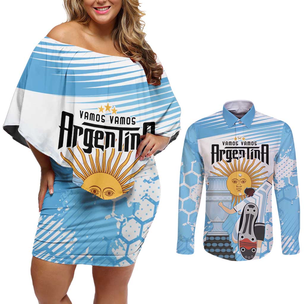 Argentina Football Couples Matching Off Shoulder Short Dress and Long Sleeve Button Shirt Campeones De la Historia - Blue Style LT9 - Wonder Print Shop