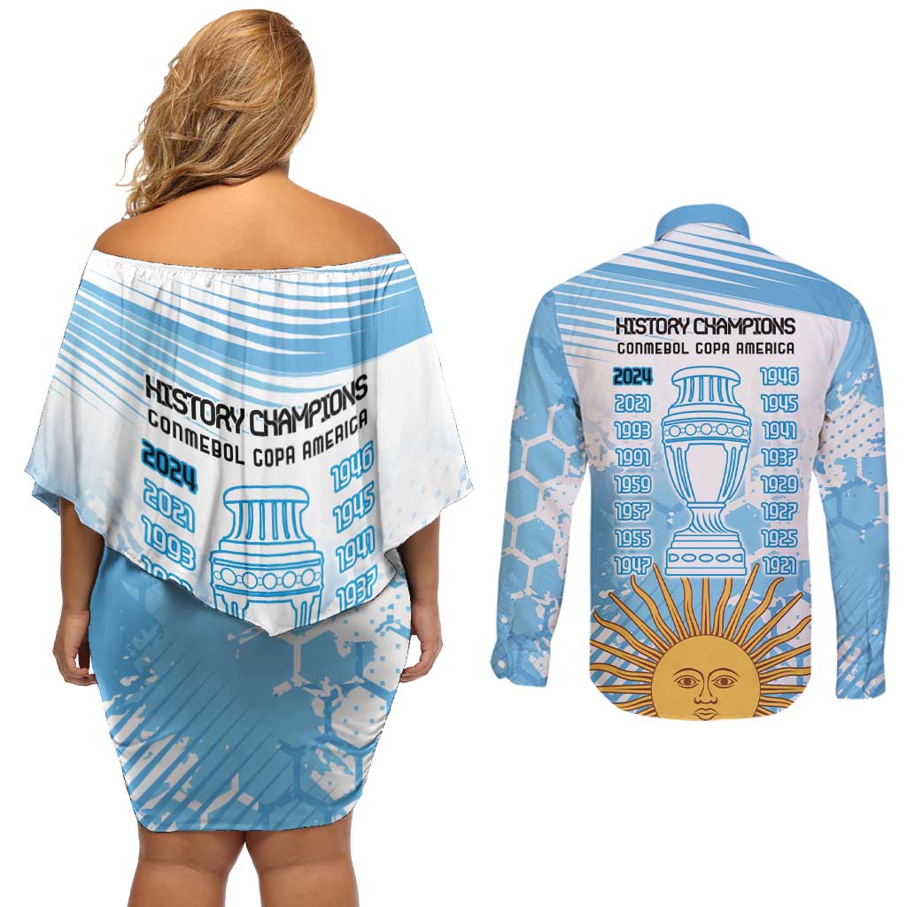 Argentina Football Couples Matching Off Shoulder Short Dress and Long Sleeve Button Shirt Campeones De la Historia - Blue Style LT9 - Wonder Print Shop