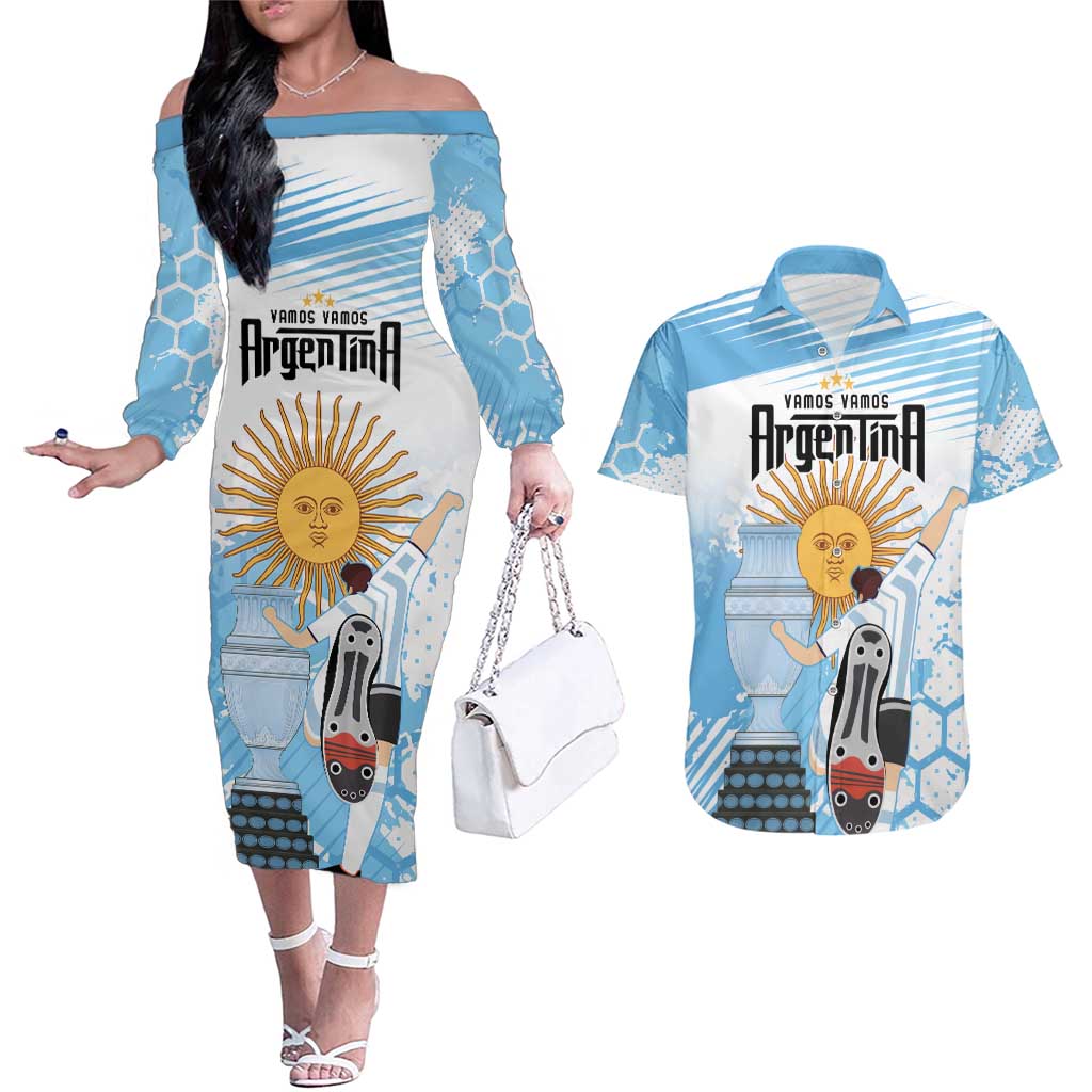 Argentina Football Couples Matching Off The Shoulder Long Sleeve Dress and Hawaiian Shirt Campeones De la Historia - Blue Style LT9 - Wonder Print Shop