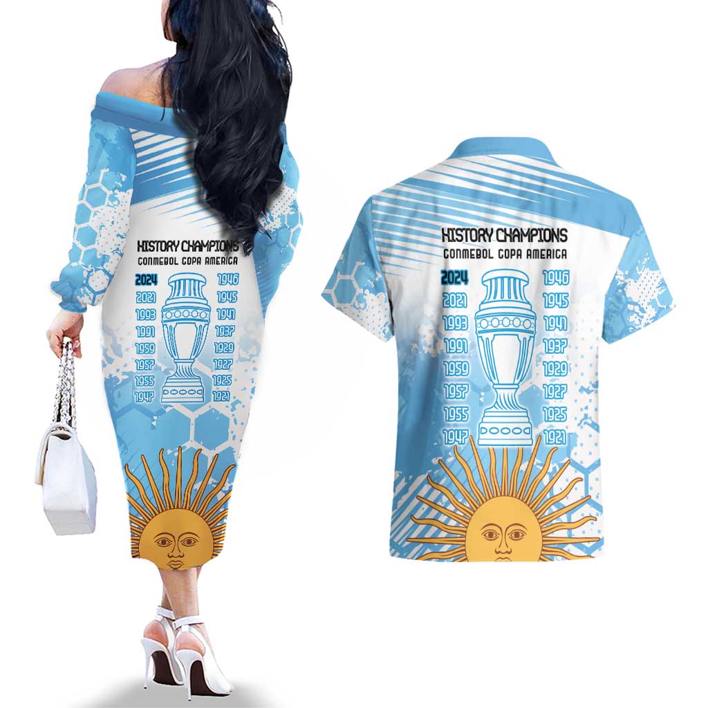 Argentina Football Couples Matching Off The Shoulder Long Sleeve Dress and Hawaiian Shirt Campeones De la Historia - Blue Style LT9 - Wonder Print Shop