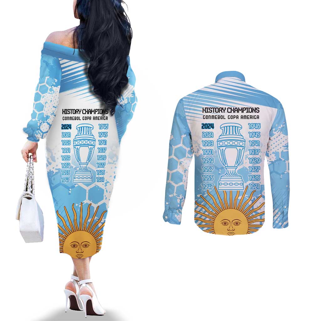 Argentina Football Custom Couples Matching Off The Shoulder Long Sleeve Dress and Long Sleeve Button Shirt Campeones De la Historia - Blue Style
