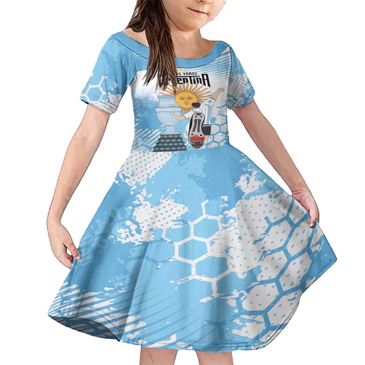 Argentina Football Family Matching Off The Shoulder Long Sleeve Dress and Hawaiian Shirt Campeones De la Historia - Blue Style - Wonder Print Shop