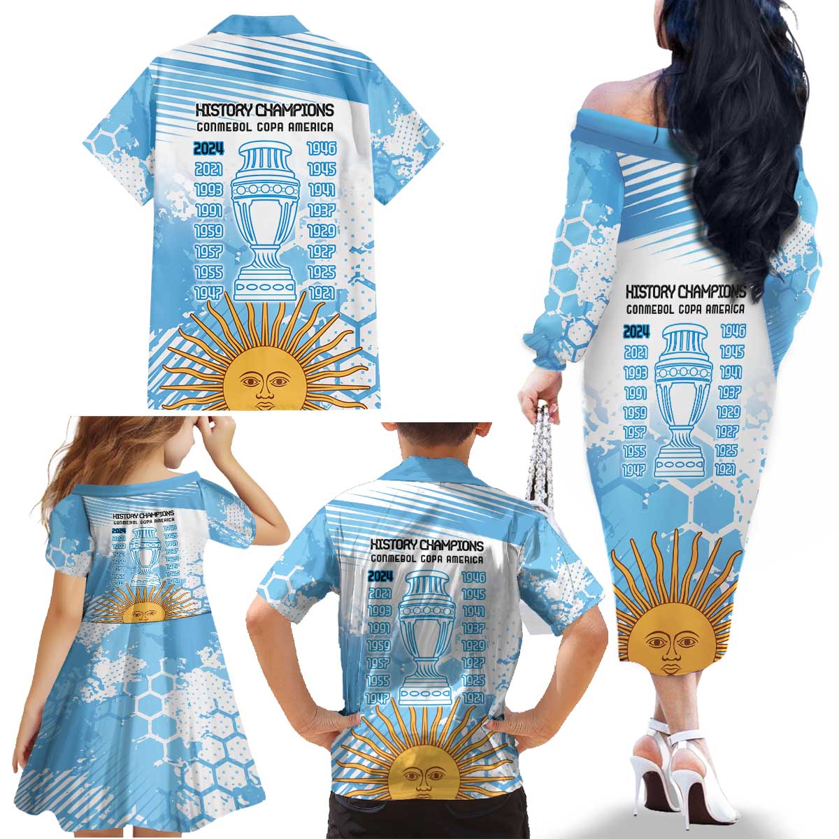 Argentina Football Family Matching Off The Shoulder Long Sleeve Dress and Hawaiian Shirt Campeones De la Historia - Blue Style - Wonder Print Shop