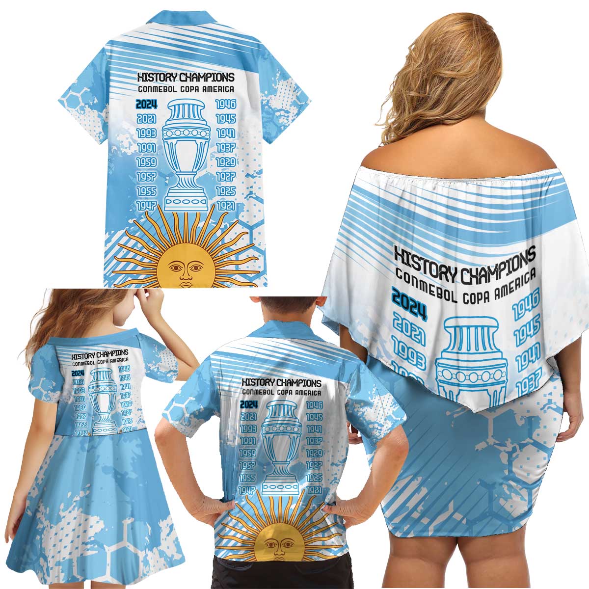 Argentina Football Family Matching Off Shoulder Short Dress and Hawaiian Shirt Campeones De la Historia - Blue Style LT9 - Wonder Print Shop