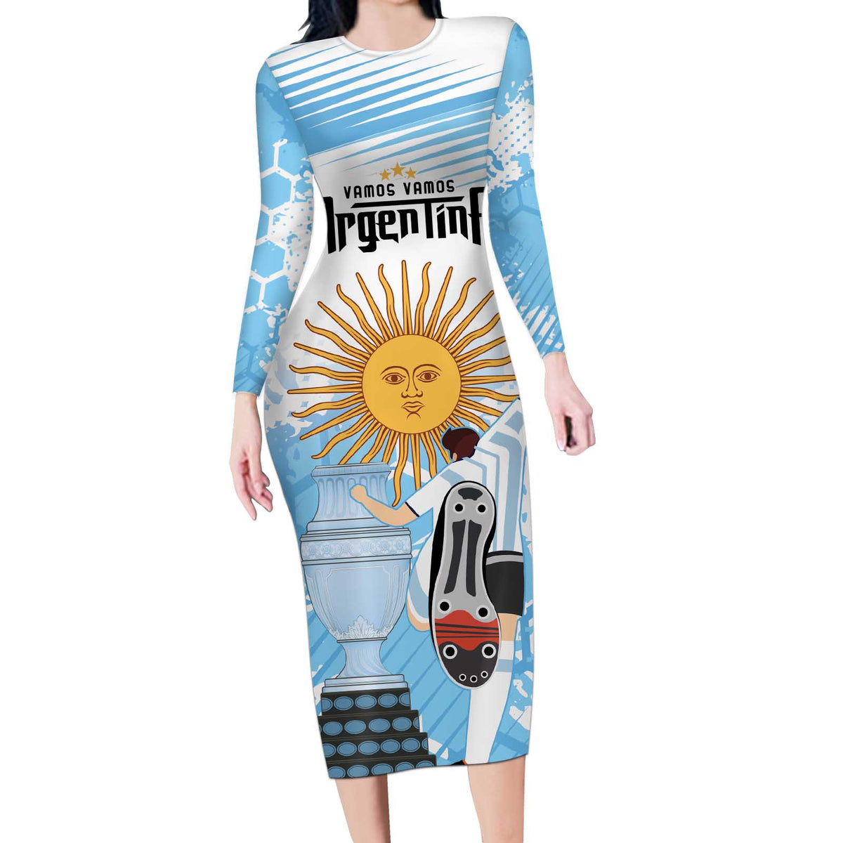 Argentina Football Long Sleeve Bodycon Dress Campeones De la Historia - Blue Style - Wonder Print Shop