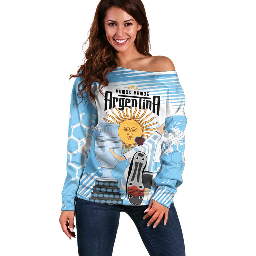 Argentina Football Off Shoulder Sweater Campeones De la Historia - Blue Style - Wonder Print Shop