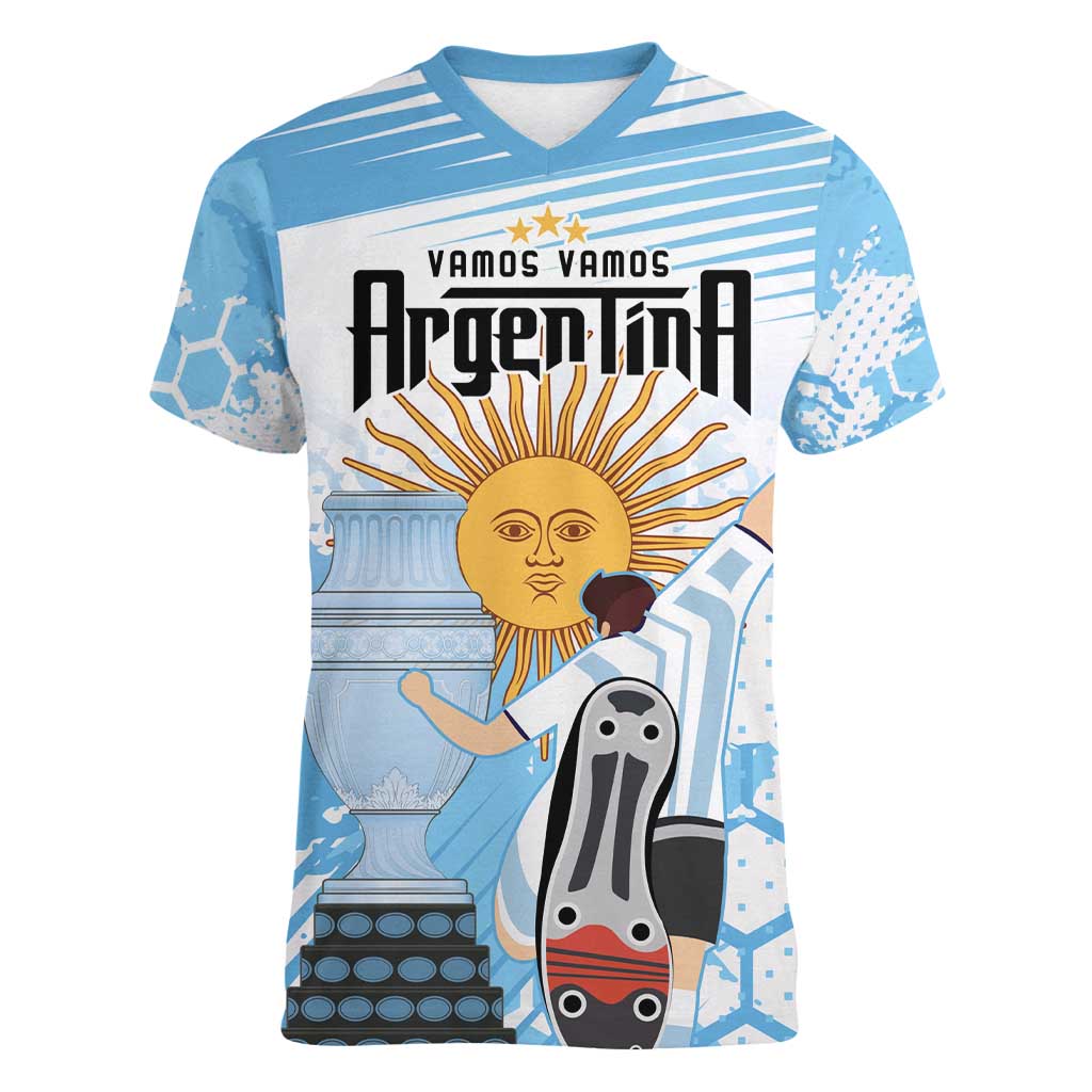 Argentina Football Women V-Neck T-Shirt Campeones De la Historia - Blue Style - Wonder Print Shop