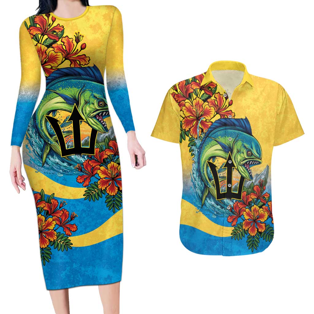 Barbados Mahi-mahi Trident Couples Matching Long Sleeve Bodycon Dress and Hawaiian Shirt - Wonder Print Shop