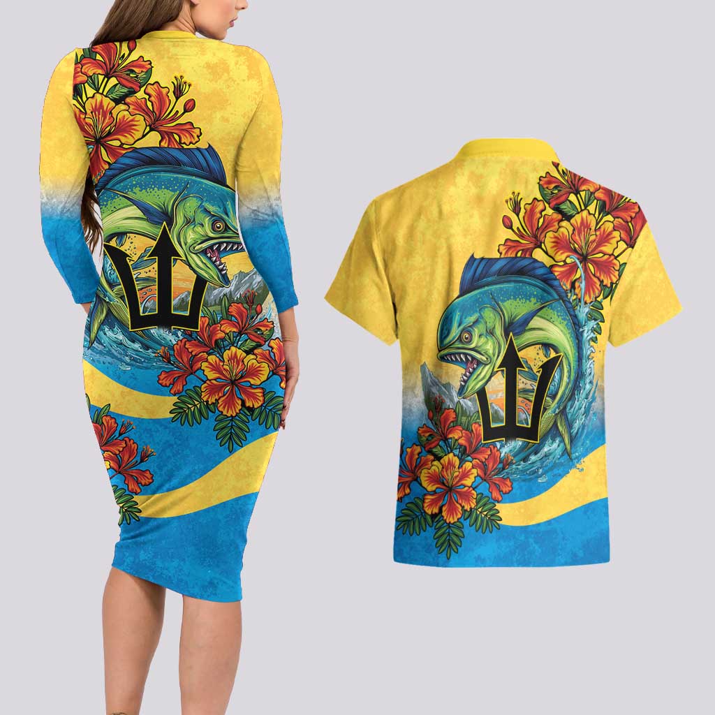 Barbados Mahi-mahi Trident Couples Matching Long Sleeve Bodycon Dress and Hawaiian Shirt - Wonder Print Shop