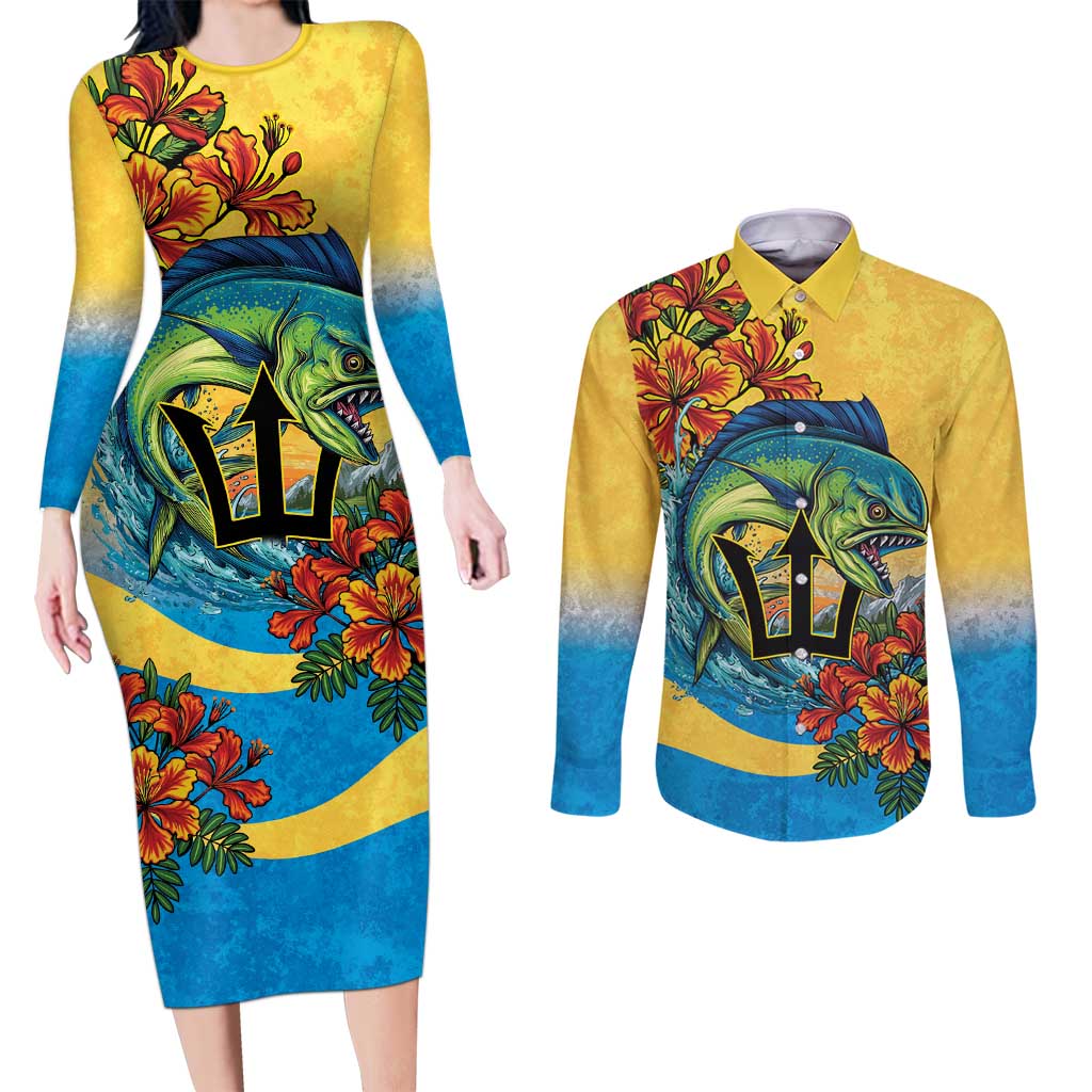 Barbados Mahi-mahi Trident Couples Matching Long Sleeve Bodycon Dress and Long Sleeve Button Shirt - Wonder Print Shop